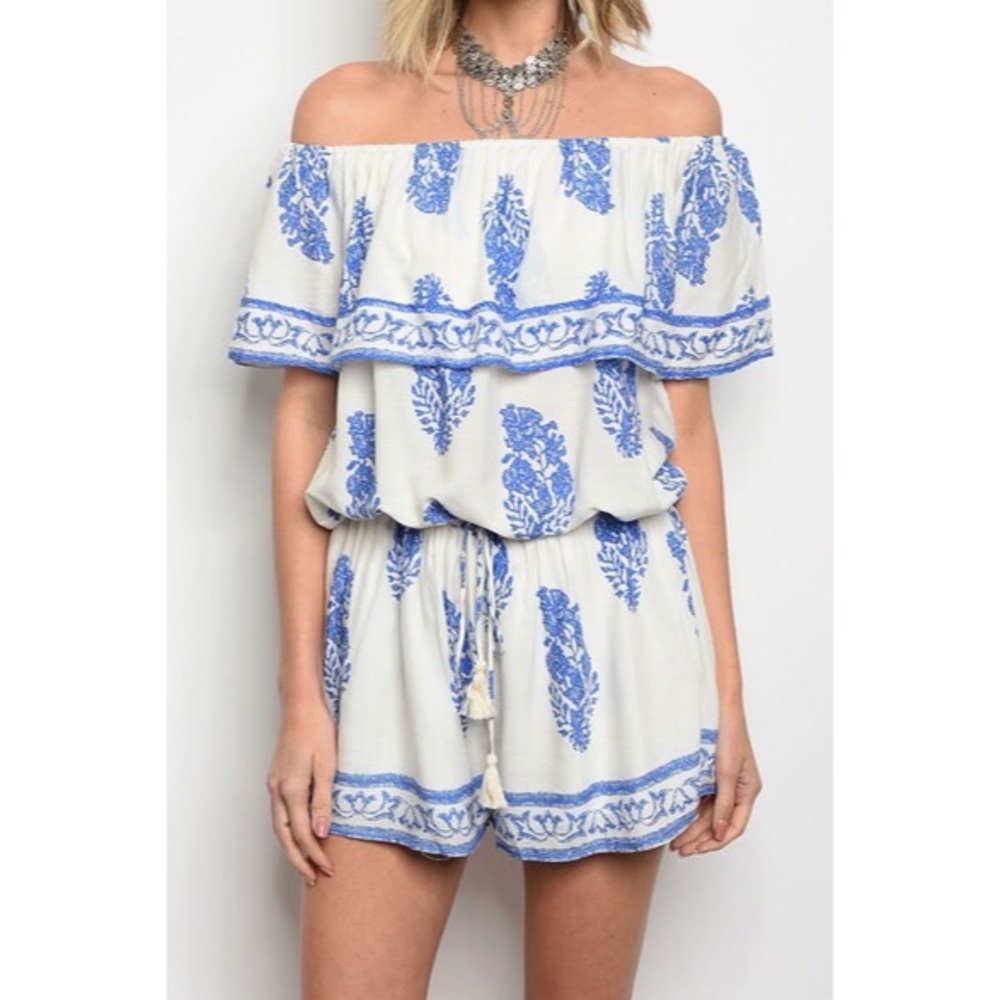 New boho feather off shoulder Romper - Picture 3 of 6